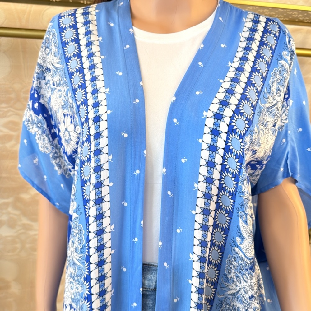 LOFT Blue White Trellis Boho Kimono Duster Open‎ Front Cover Up – XS/S - Picture 4 of 7